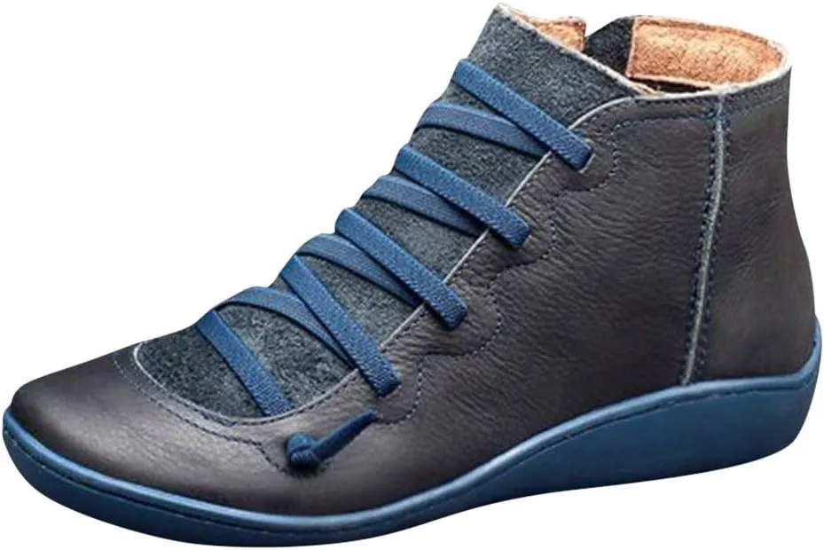 Fall Boots Womens Boots Ankle Round Toe Casual Lace-up Women's Boots Shoe Flat Side Zipper Boots Retro Women's Boots