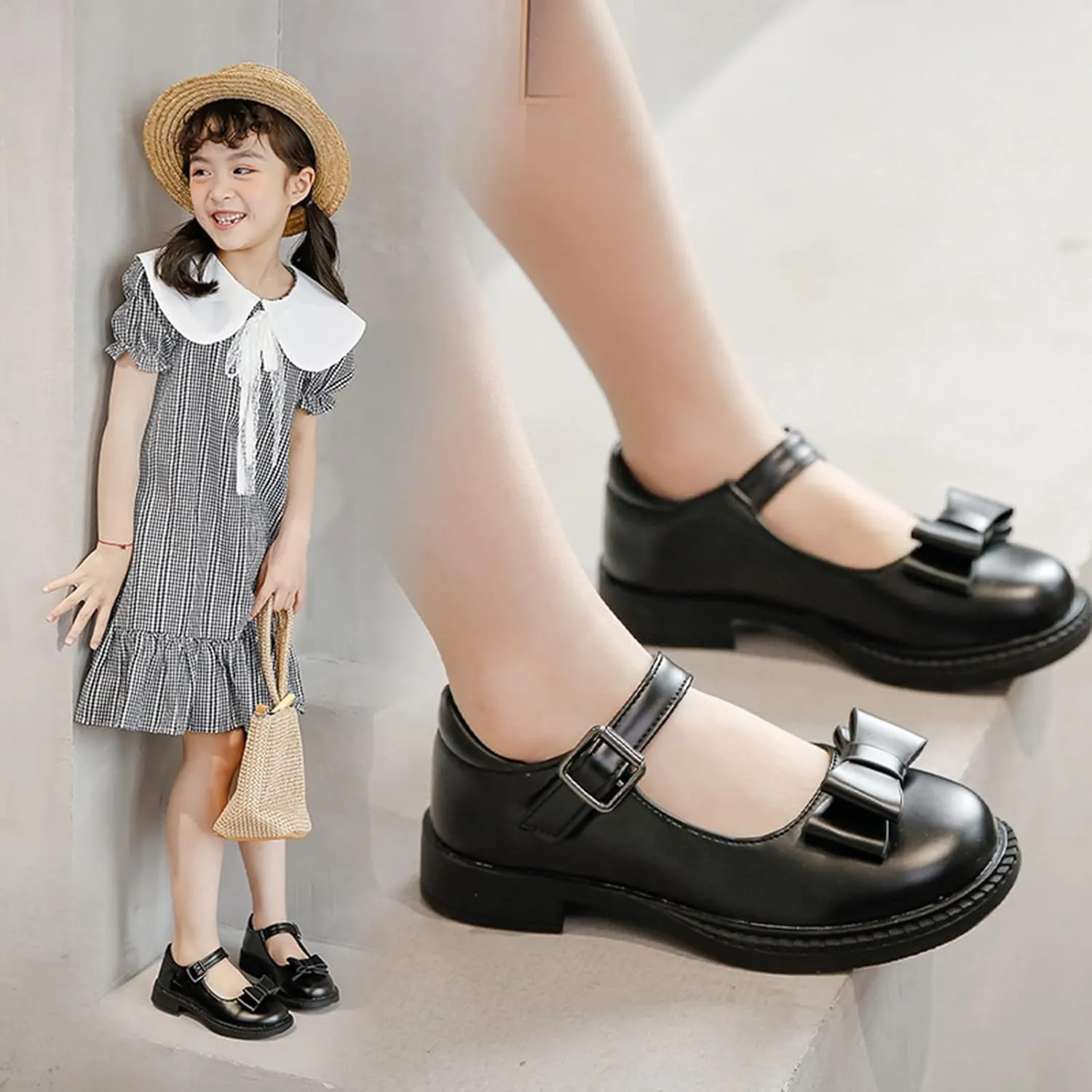 Fashion Loafers for Little Girls Small Leather Single Shoes Dancing Performance Shoes with Metal Buckle