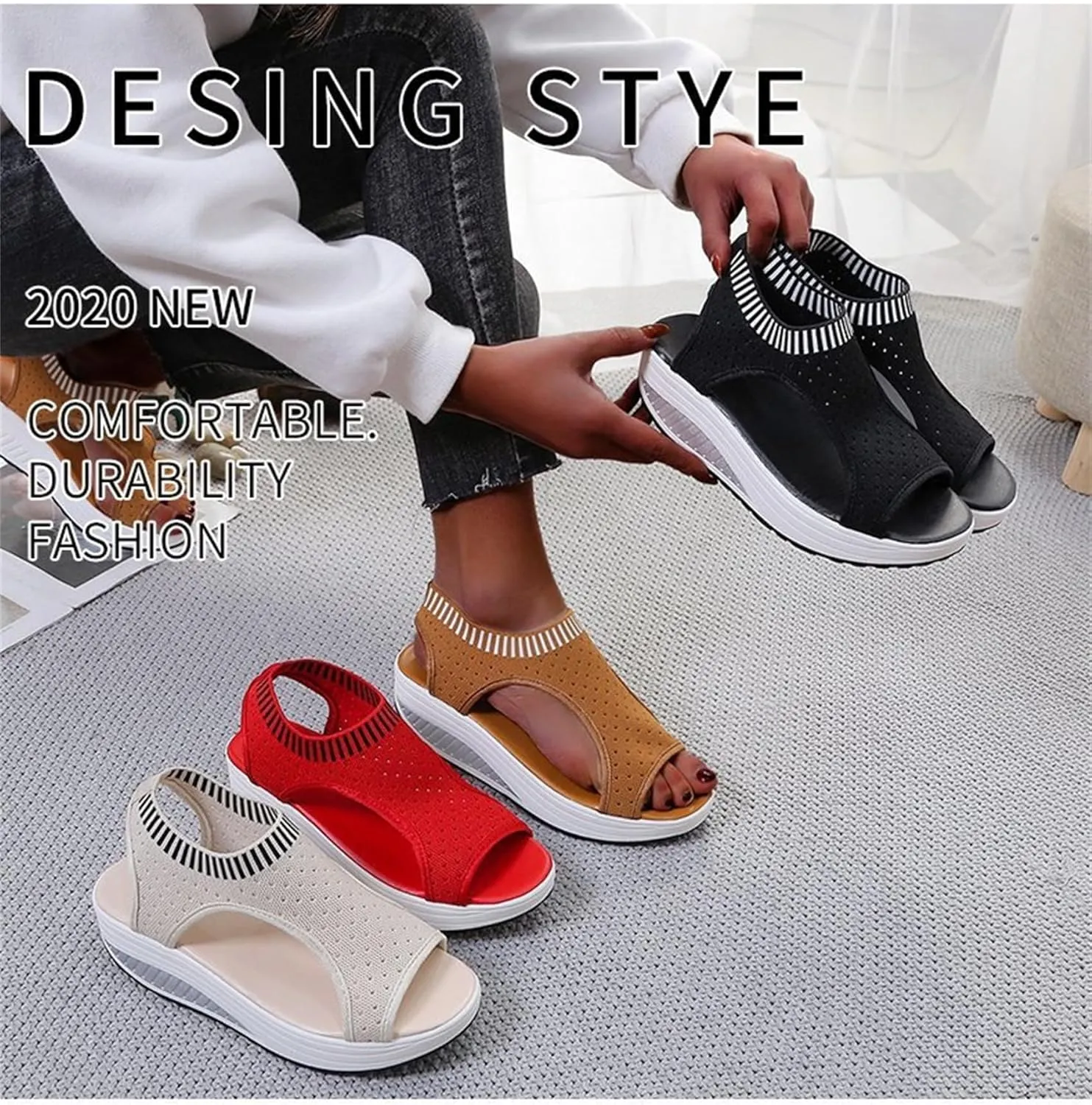 FFMA Muffin Sandals Summer Slingback Orthopedic Slide Sport Sandals Flexible Washable Comfy Knit Thick Bottom Fish Mouth Sandals Orthotic Slide Casual Women's Shoes