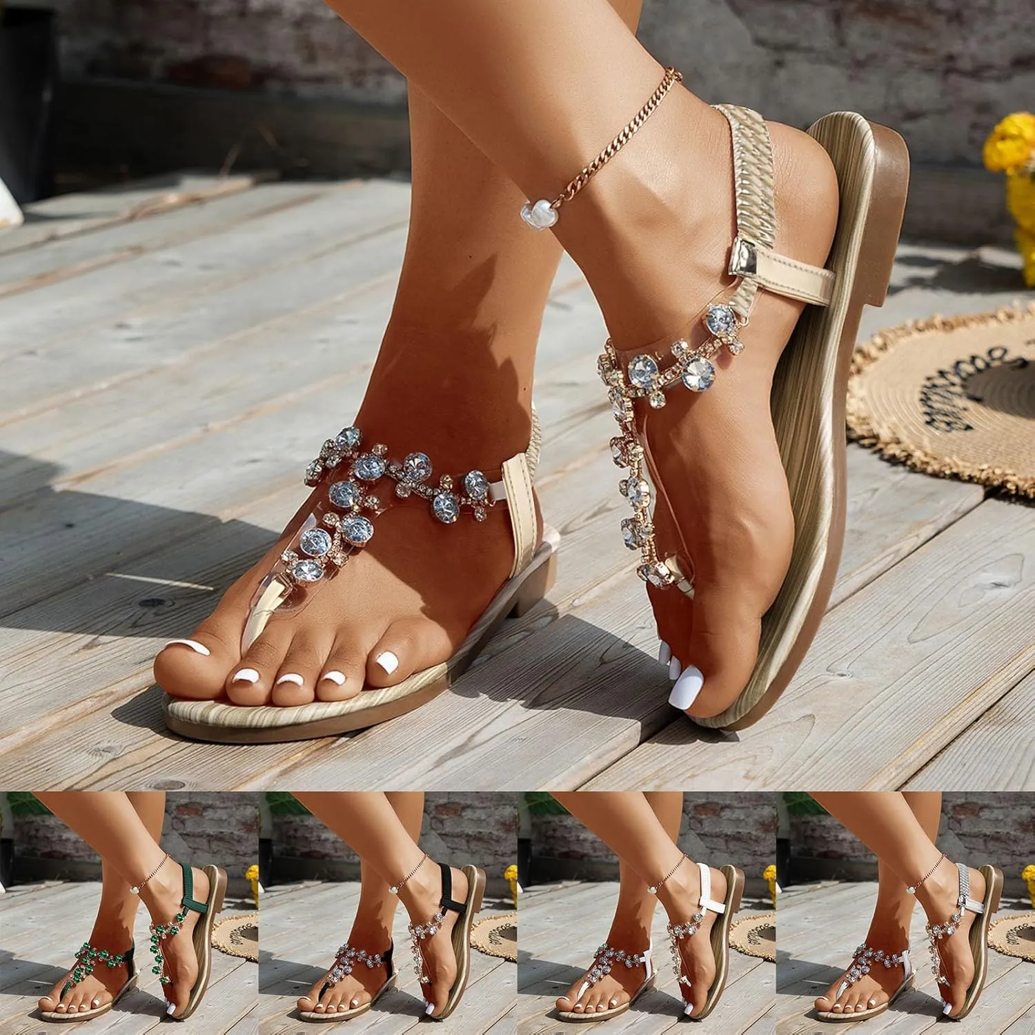 Flat Sandals for Women Dressy Summer Comfortable Ankle Strap Beach Sandals Flip Flops Rhinestone Bohemian Sandals