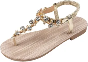 Flat Sandals for Women Dressy Summer Comfortable Ankle Strap Beach Sandals Flip Flops Rhinestone Bohemian Sandals