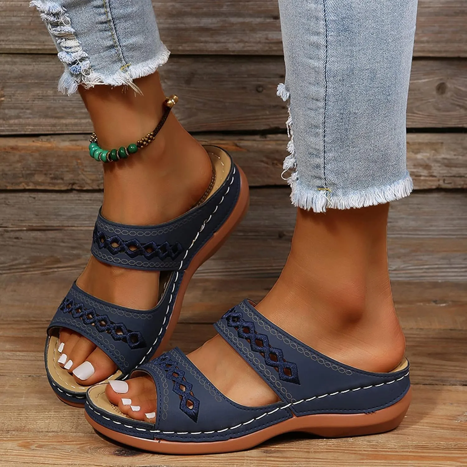 Flats Sandals for Women Orthopedic Bohemian Breathable Open Toe Adjustable 2025 Summer Walking Shoes