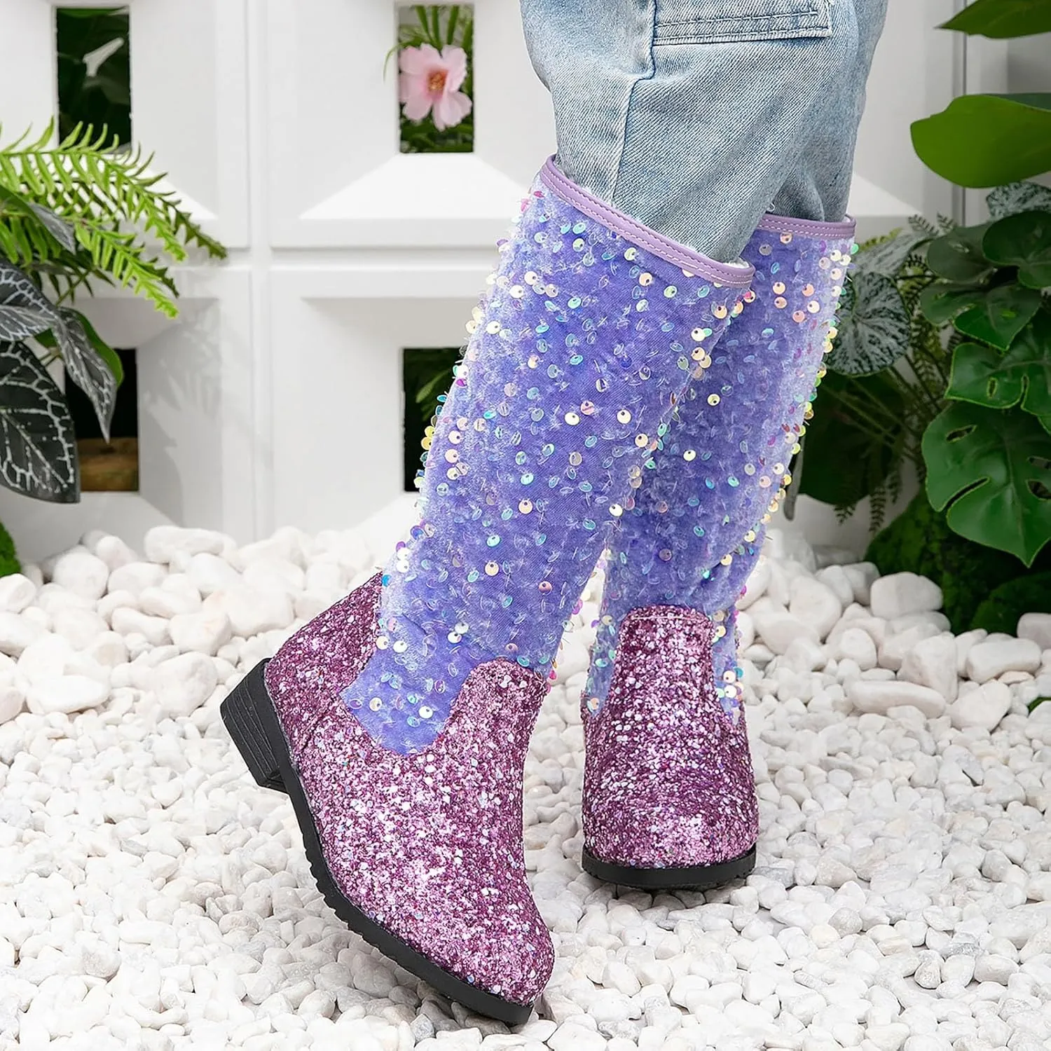 Girls Cowboy Boots Kids Toddler Glitter Western Cowgirl Boots Sequins Trendy Zipper Color Block Sparkly Riding Shoes