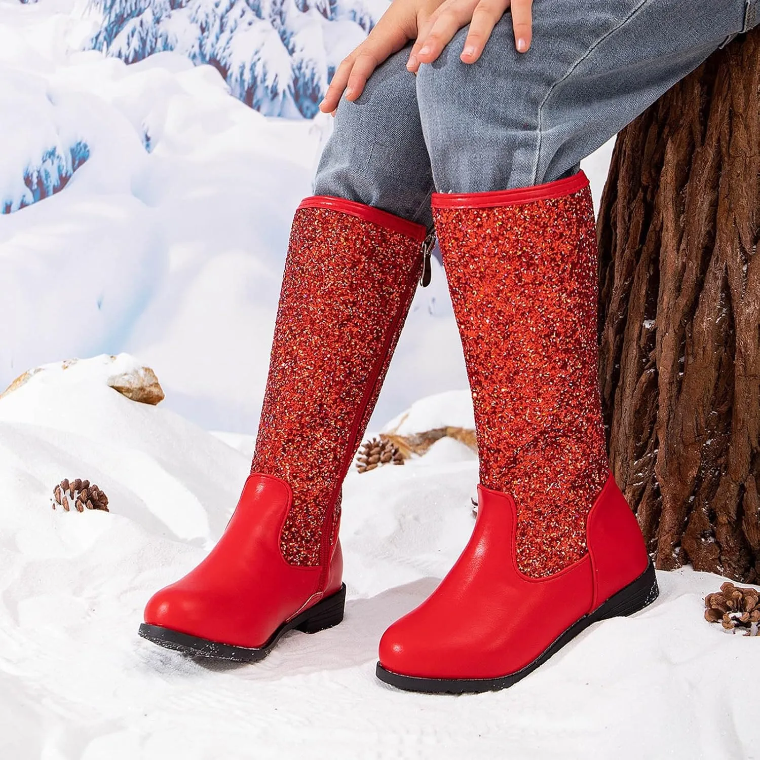 Girls Cowgirl Boots Mid Calf Square Toe Western Boot for Kids Glitter Cowboy Boots Party Snow Boots for Children Shoe