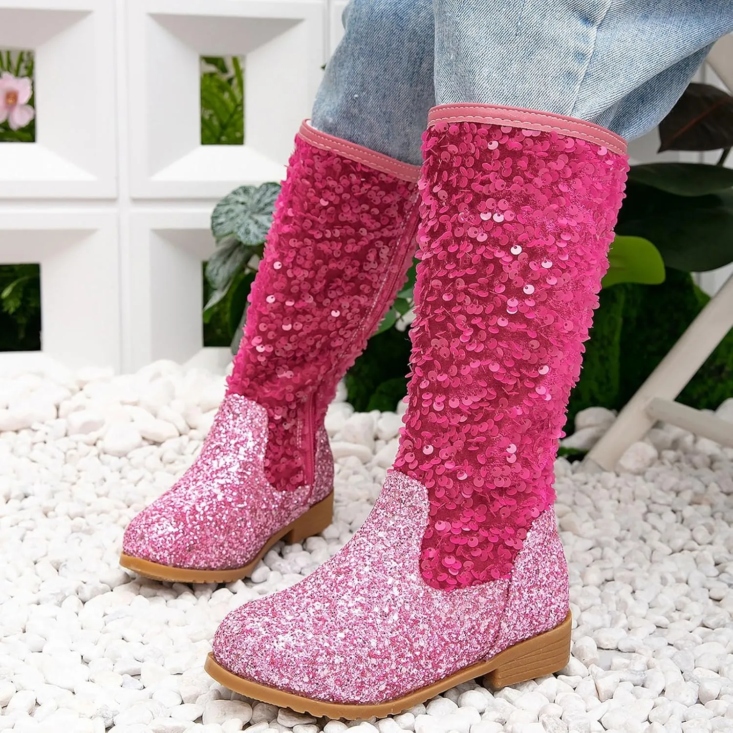 Girls Cowgirl Boots Mid Calf Square Toe Western Boot for Kids Sparkly Glitter Cowboy Boots Toddler Girls Party Shoes
