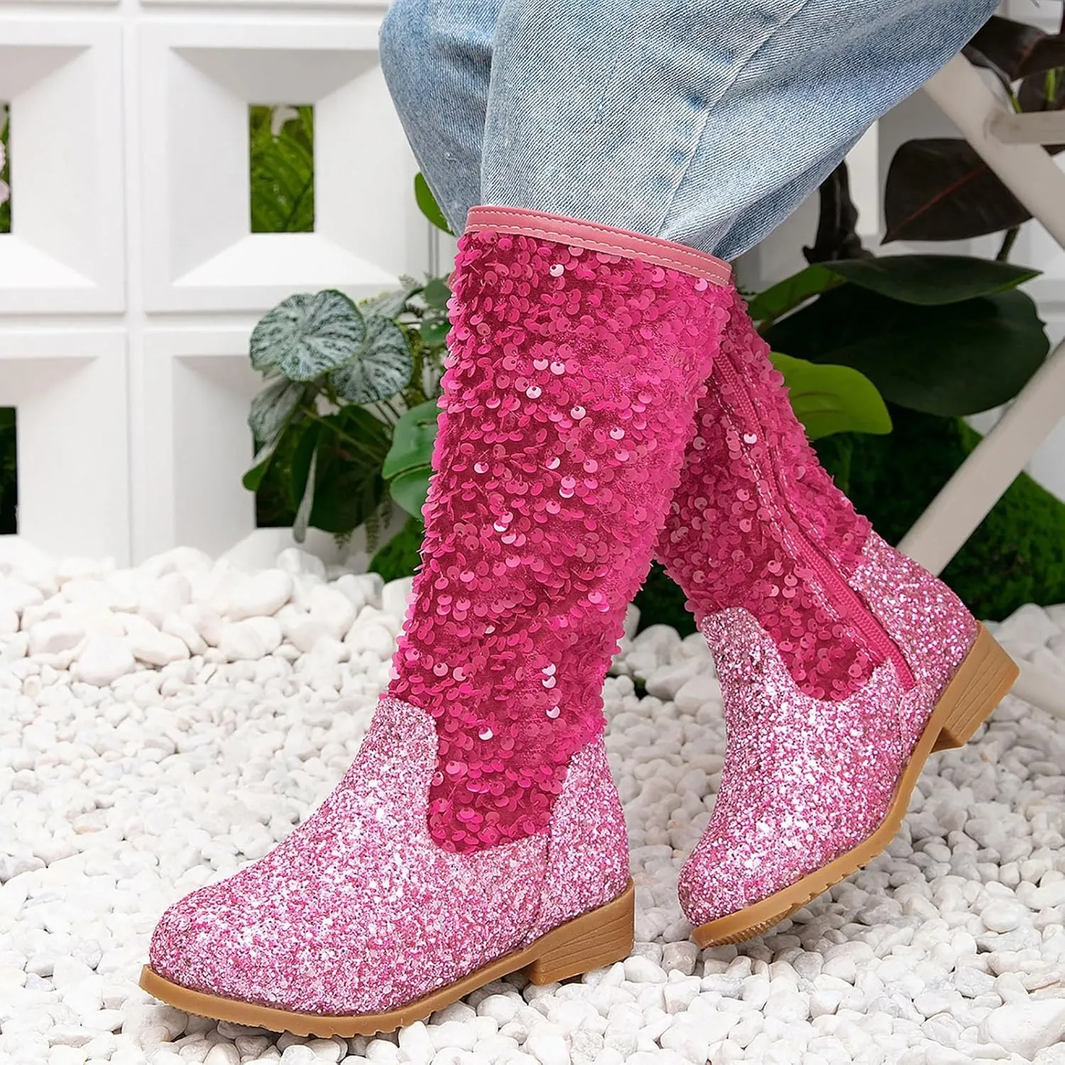 Girls Cowgirl Boots Mid Calf Square Toe Western Boot for Kids Sparkly Glitter Cowboy Boots Toddler Girls Party Shoes