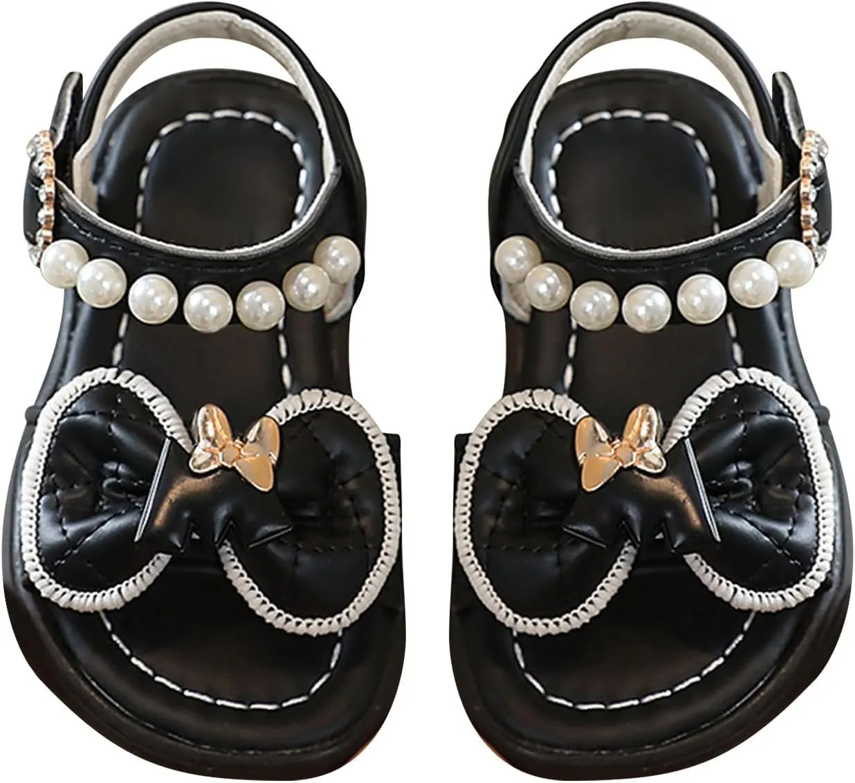 Girls Kids Rubber Pearl Sandals Bow Adjusted Strap Flat Wide Shoes for Toddler Summer Pool Shower Beach Slippers