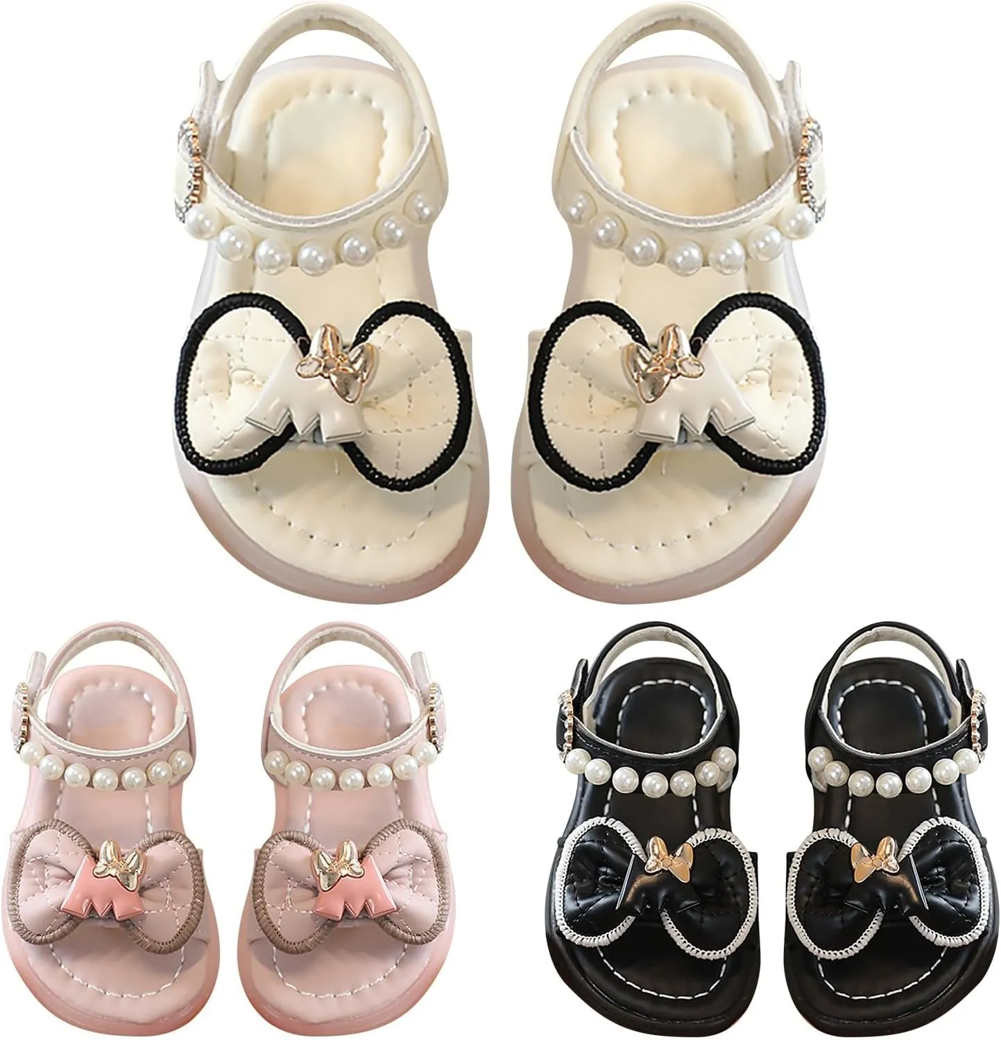 Girls Kids Rubber Pearl Sandals Bow Adjusted Strap Flat Wide Shoes for Toddler Summer Pool Shower Beach Slippers