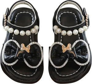 Girls Kids Rubber Pearl Sandals Bow Adjusted Strap Flat Wide Shoes for Toddler Summer Pool Shower Beach Slippers
