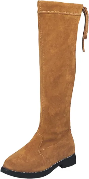 Girls Knee High Boot Bowknot Microvelvet Surface Water Proof Low Chunky Heel Zipper Fashion Winter Riding Boots