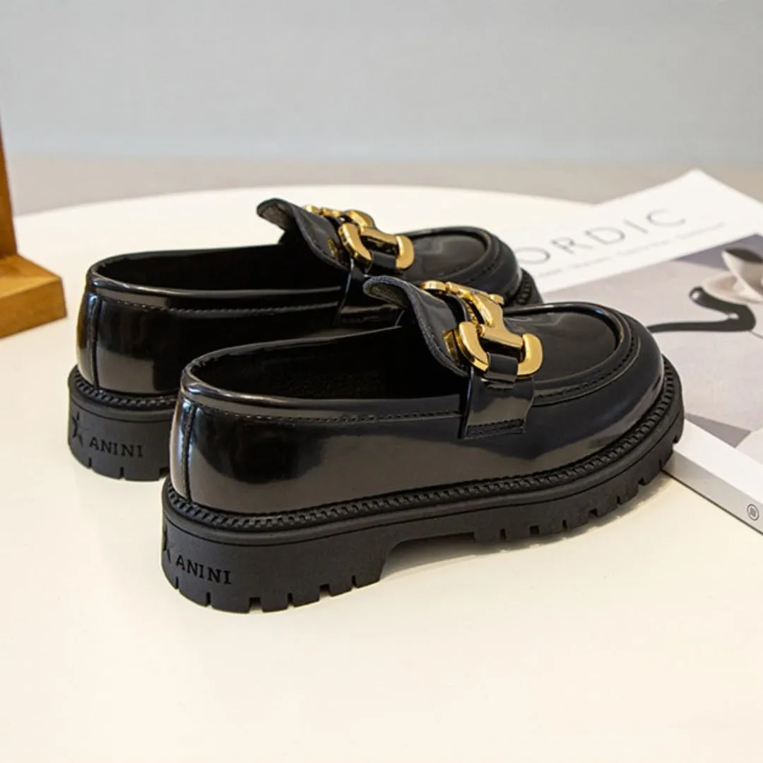 Girls Slip On Loafers PU Leather Oxford Shoes Chunky Heel Flats Church School Uniform Dress Shoes