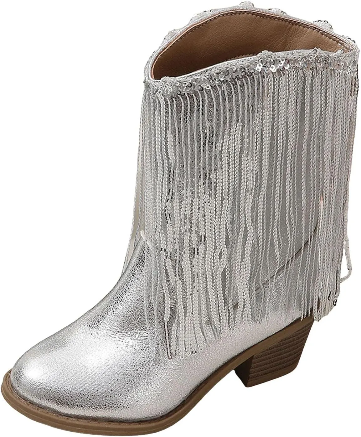 Girls Winter Low Heels Princess Boots Leather Cowboy Boots Tassel Sequin Mid Calf Riding Shoes Waterproof Comfy Ankle Boots