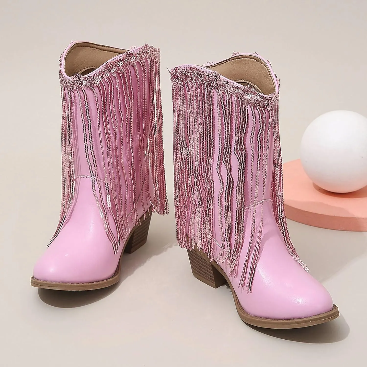 Girls Winter Low Heels Princess Boots Leather Cowboy Boots Tassel Sequin Mid Calf Riding Shoes Waterproof Comfy Ankle Boots