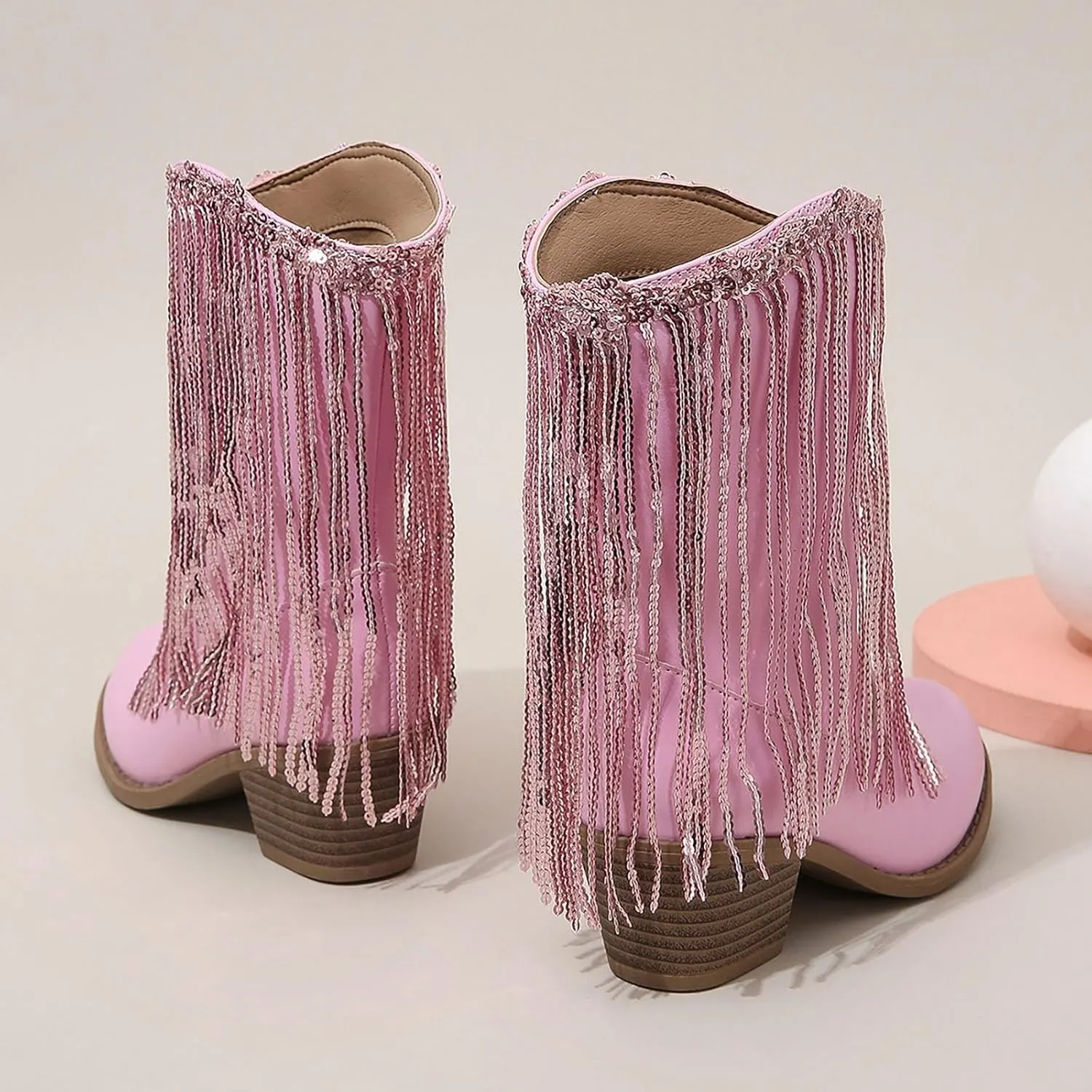 Girls Winter Low Heels Princess Boots Leather Cowboy Boots Tassel Sequin Mid Calf Riding Shoes Waterproof Comfy Ankle Boots