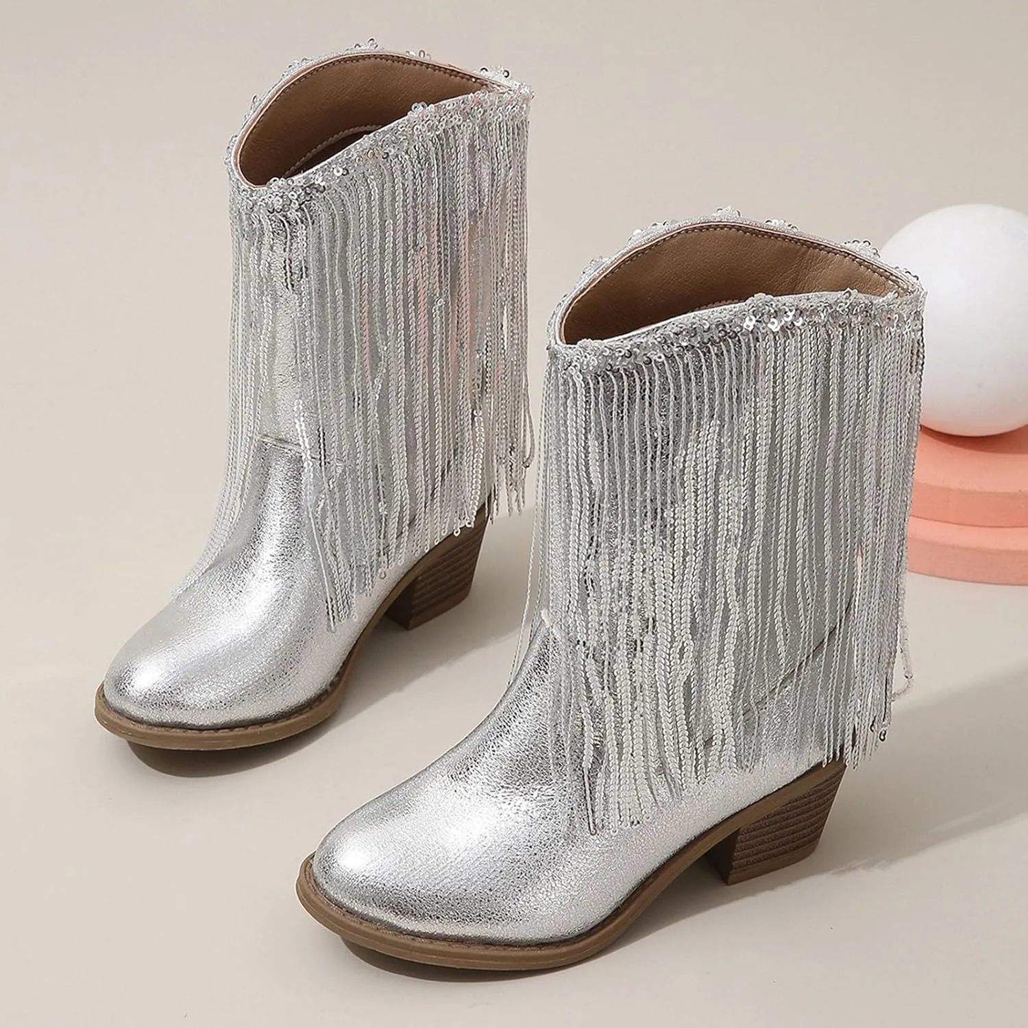 Girls Winter Low Heels Princess Boots Leather Cowboy Boots Tassel Sequin Mid Calf Riding Shoes Waterproof Comfy Ankle Boots