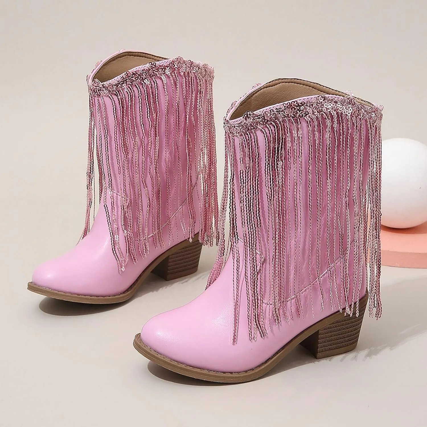 Girls Winter Low Heels Princess Boots Leather Cowboy Boots Tassel Sequin Mid Calf Riding Shoes Waterproof Comfy Ankle Boots