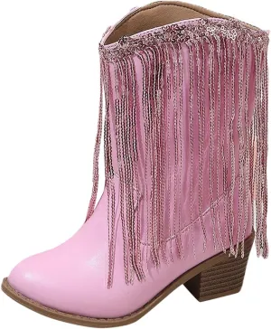 Girls Winter Low Heels Princess Boots Leather Cowboy Boots Tassel Sequin Mid Calf Riding Shoes Waterproof Comfy Ankle Boots