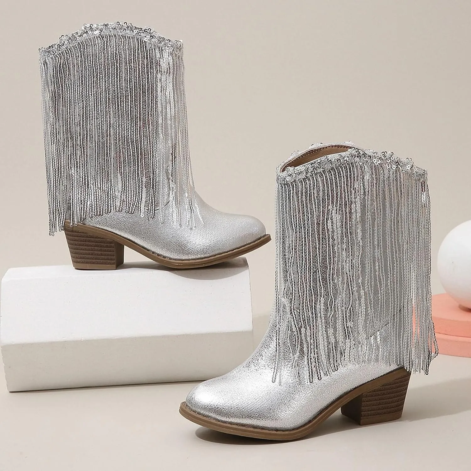 Girls Winter Low Heels Princess Boots Leather Cowboy Boots Tassel Sequin Mid Calf Riding Shoes Waterproof Comfy Ankle Boots
