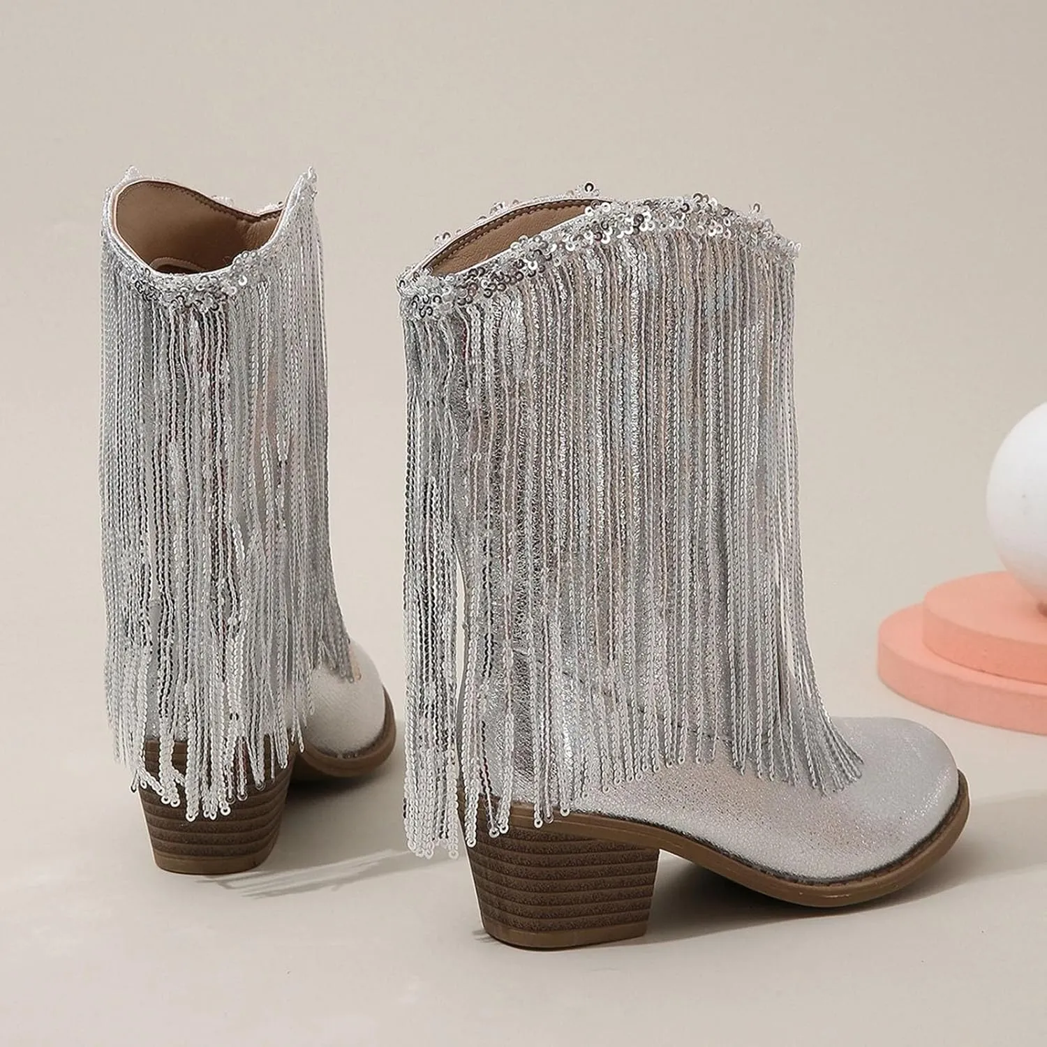 Girls Winter Low Heels Princess Boots Leather Cowboy Boots Tassel Sequin Mid Calf Riding Shoes Waterproof Comfy Ankle Boots