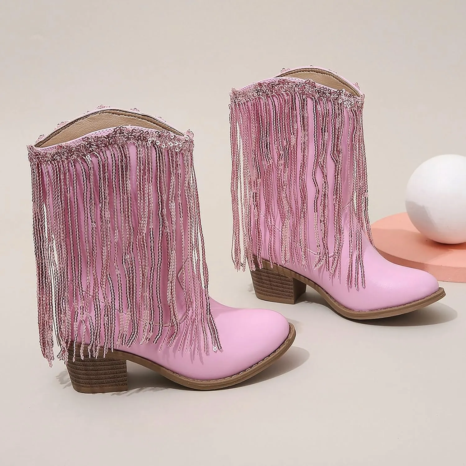 Girls Winter Low Heels Princess Boots Leather Cowboy Boots Tassel Sequin Mid Calf Riding Shoes Waterproof Comfy Ankle Boots