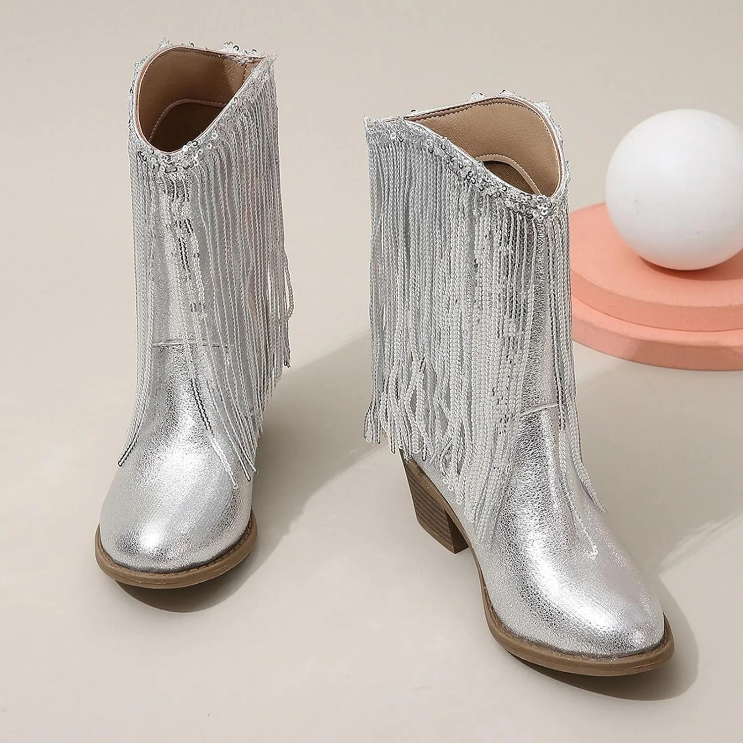 Girls Winter Low Heels Princess Boots Leather Cowboy Boots Tassel Sequin Mid Calf Riding Shoes Waterproof Comfy Ankle Boots