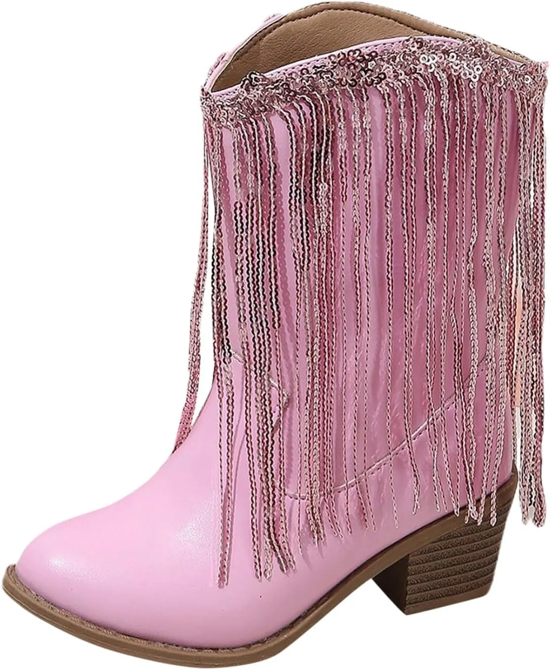 Girls Winter Low Heels Princess Boots Leather Cowboy Boots Tassel Sequin Mid Calf Riding Shoes Waterproof Comfy Ankle Boots