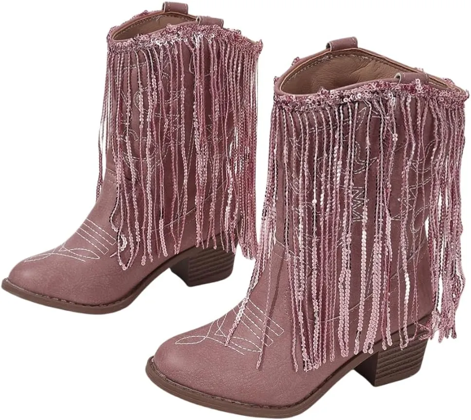 Girls Winter Low Heels Princess Boots Tassel Sequin Mid Calf Riding Shoes
