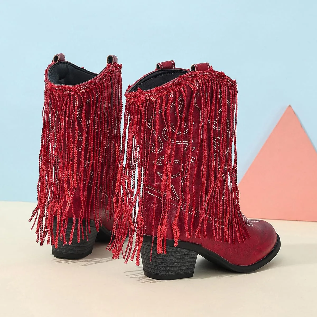 Girls Winter Low Heels Princess Boots Tassel Sequin Mid Calf Riding Shoes