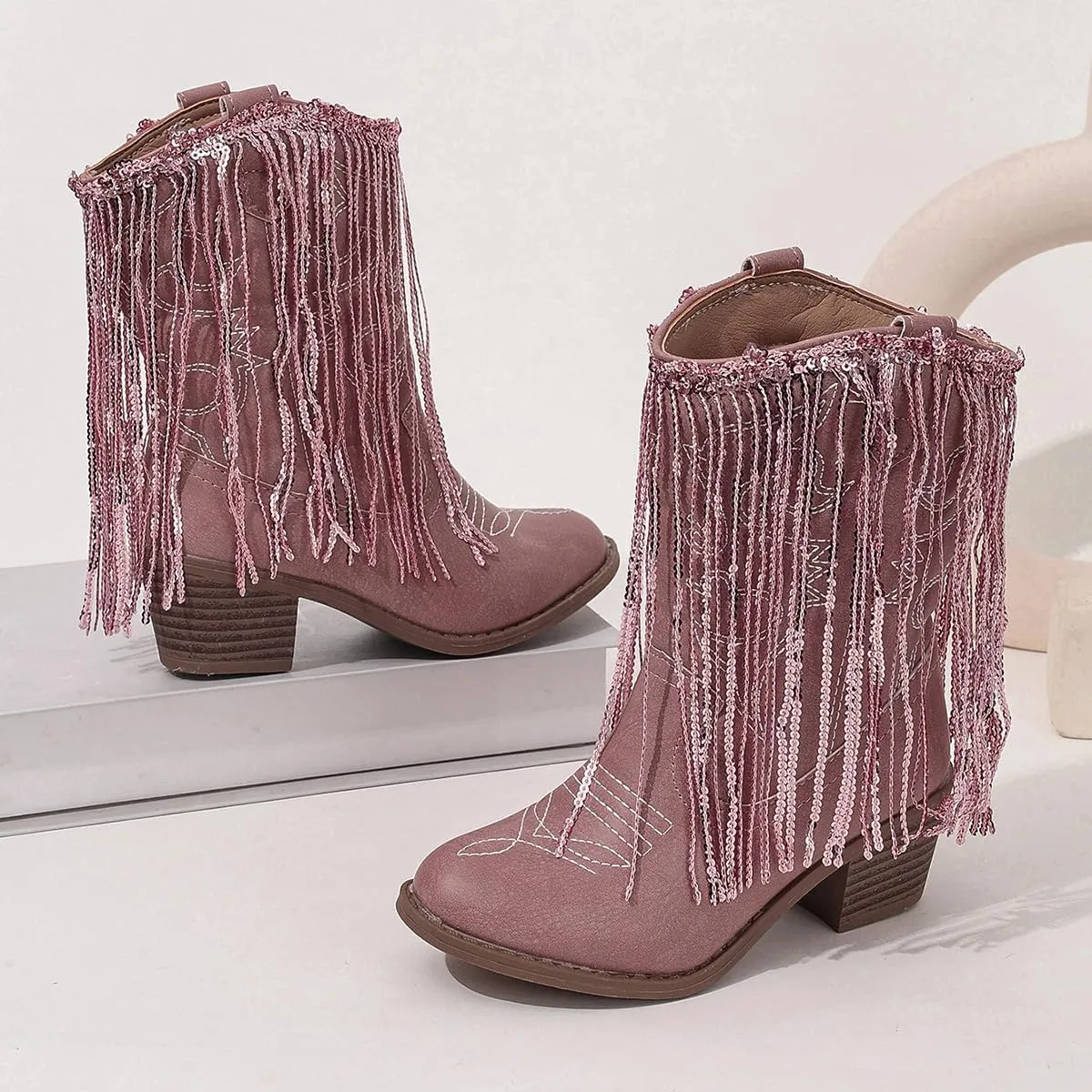 Girls Winter Low Heels Princess Boots Tassel Sequin Mid Calf Riding Shoes