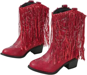 Girls Winter Low Heels Princess Boots Tassel Sequin Mid Calf Riding Shoes