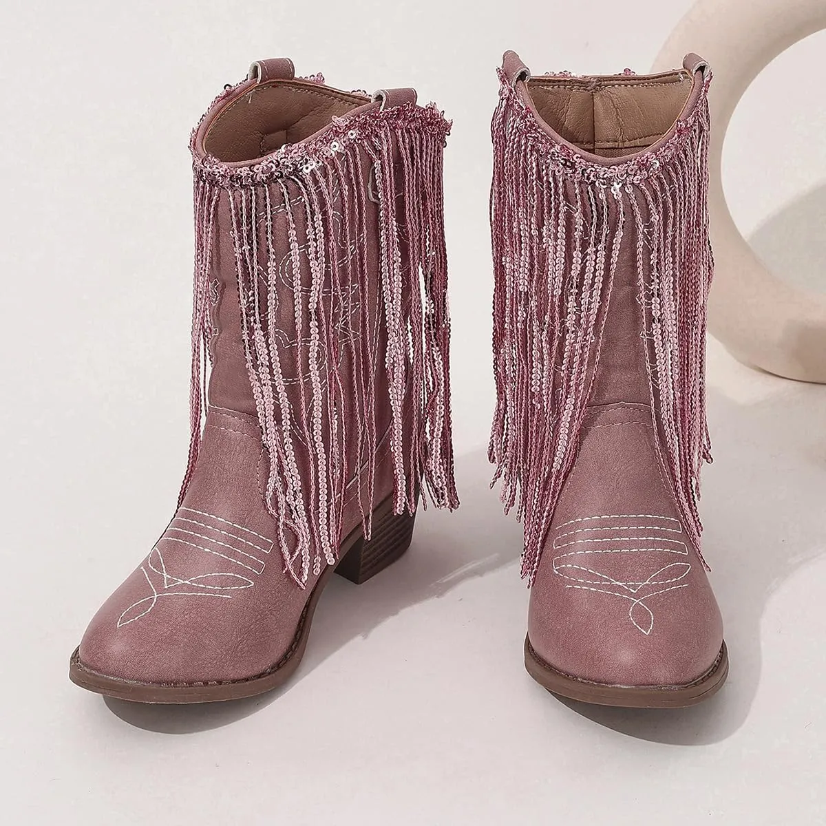 Girls Winter Low Heels Princess Boots Tassel Sequin Mid Calf Riding Shoes