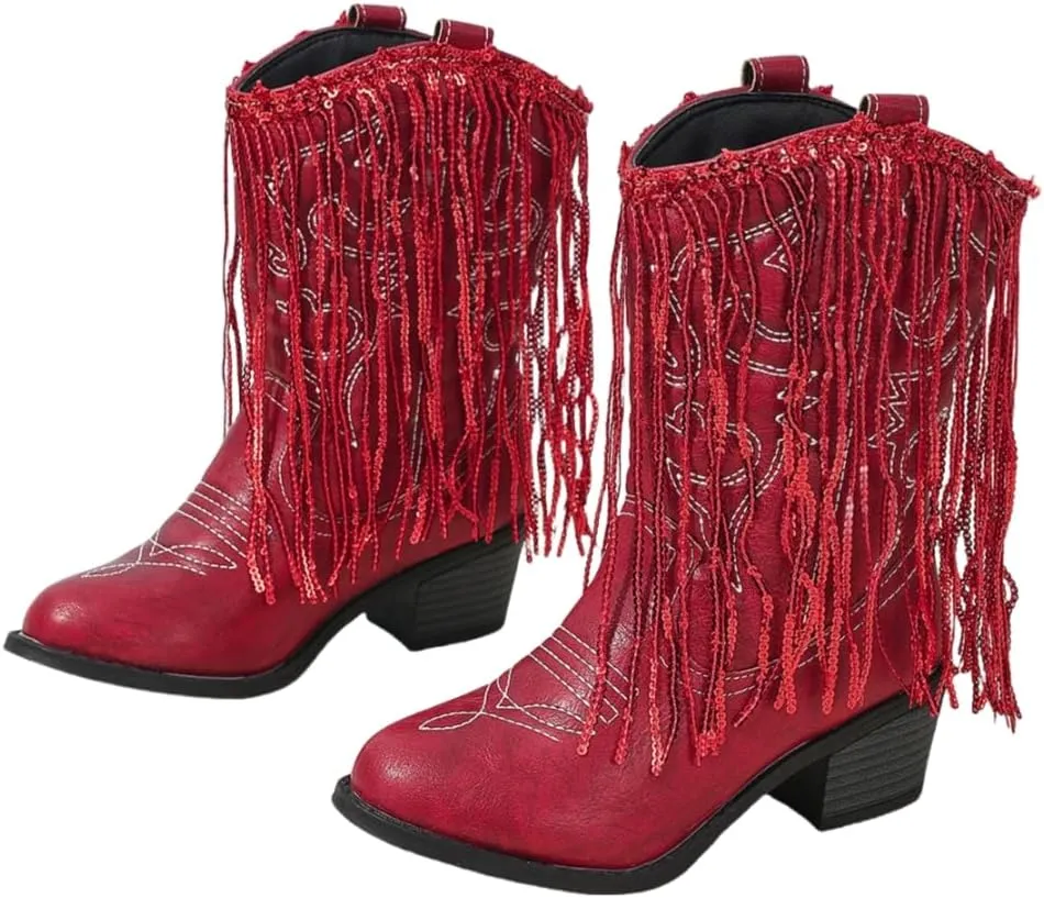 Girls Winter Low Heels Princess Boots Tassel Sequin Mid Calf Riding Shoes