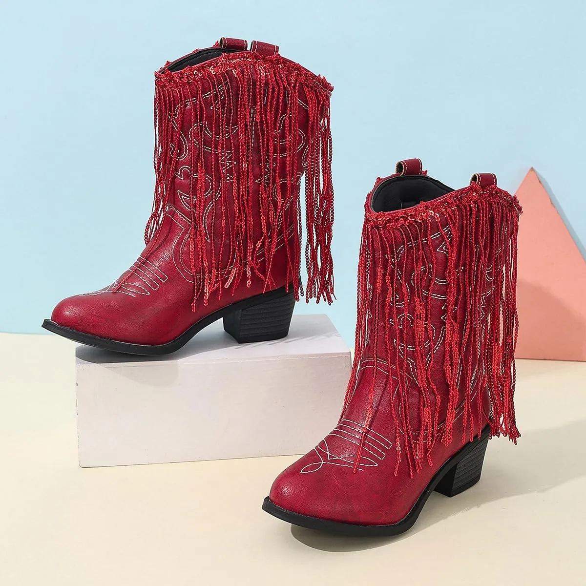 Girls Winter Low Heels Princess Boots Tassel Sequin Mid Calf Riding Shoes