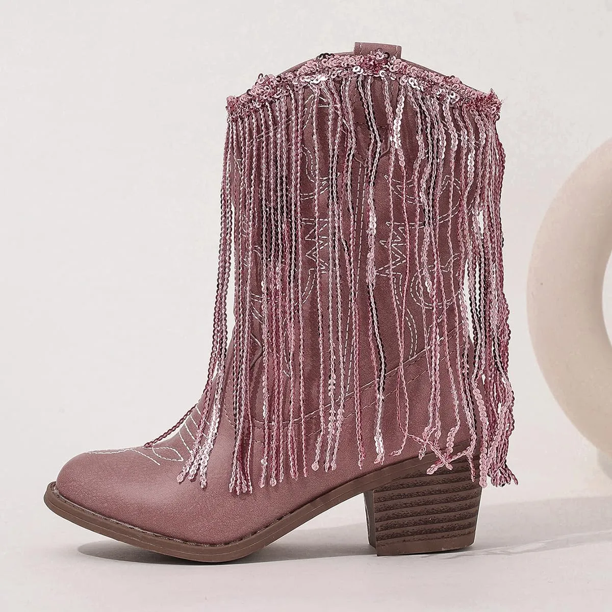 Girls Winter Low Heels Princess Boots Tassel Sequin Mid Calf Riding Shoes