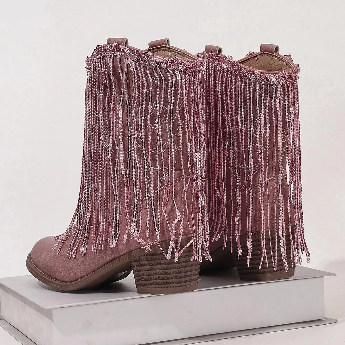 Girls Winter Low Heels Princess Boots Tassel Sequin Mid Calf Riding Shoes