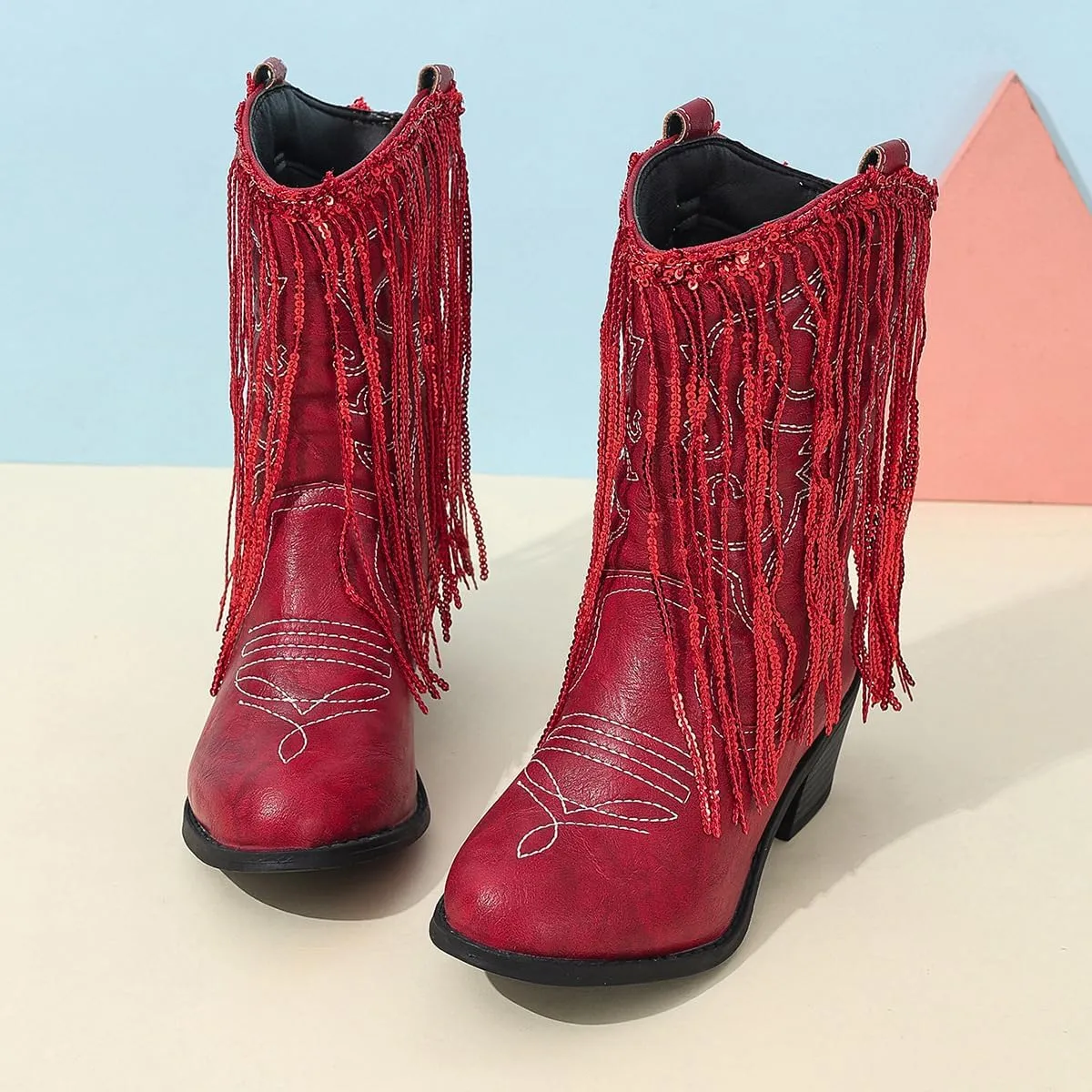 Girls Winter Low Heels Princess Boots Tassel Sequin Mid Calf Riding Shoes