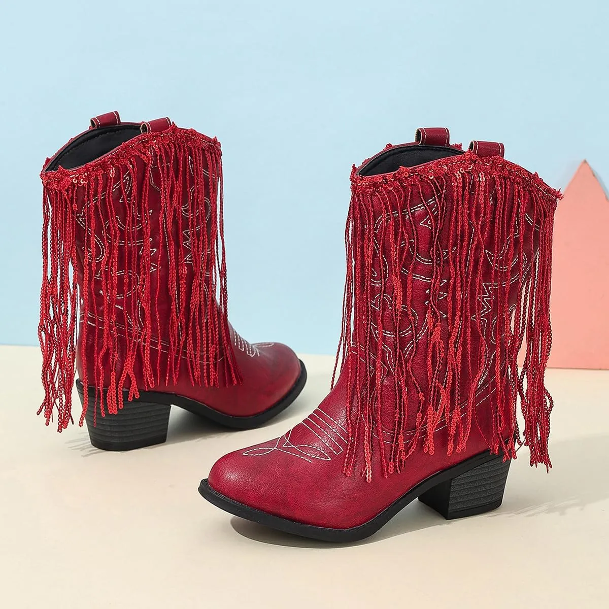 Girls Winter Low Heels Princess Boots Tassel Sequin Mid Calf Riding Shoes