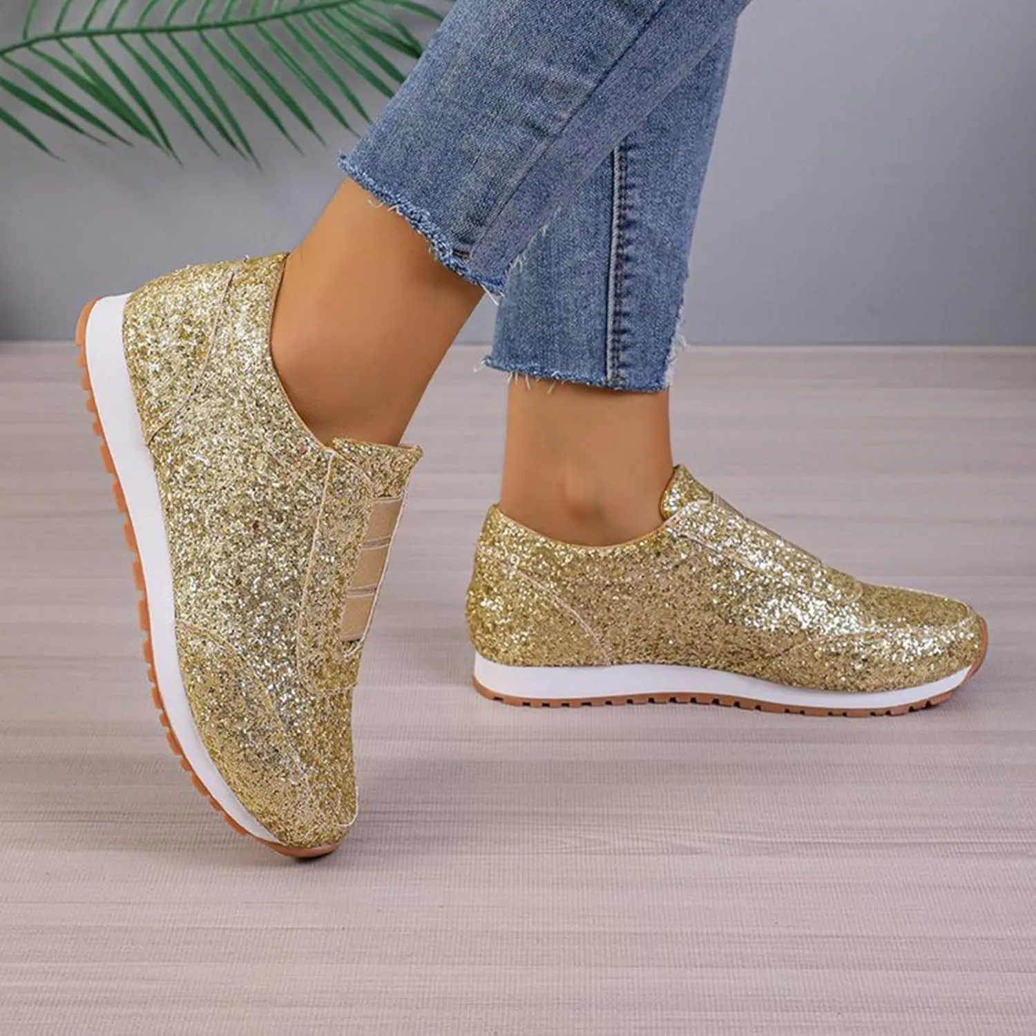 Glitter Tennis Shoes for Women Gold Sequins Tennis Sneakers Rhinestone Sparkly Mesh Breathable Slip On Casual Walking Shoes