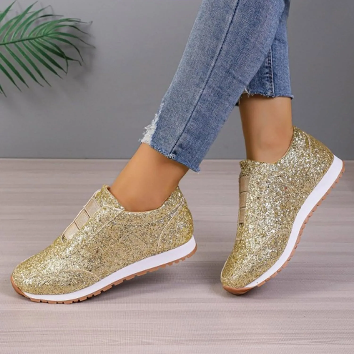 Glitter Tennis Shoes for Women Gold Sequins Tennis Sneakers Rhinestone Sparkly Mesh Breathable Slip On Casual Walking Shoes