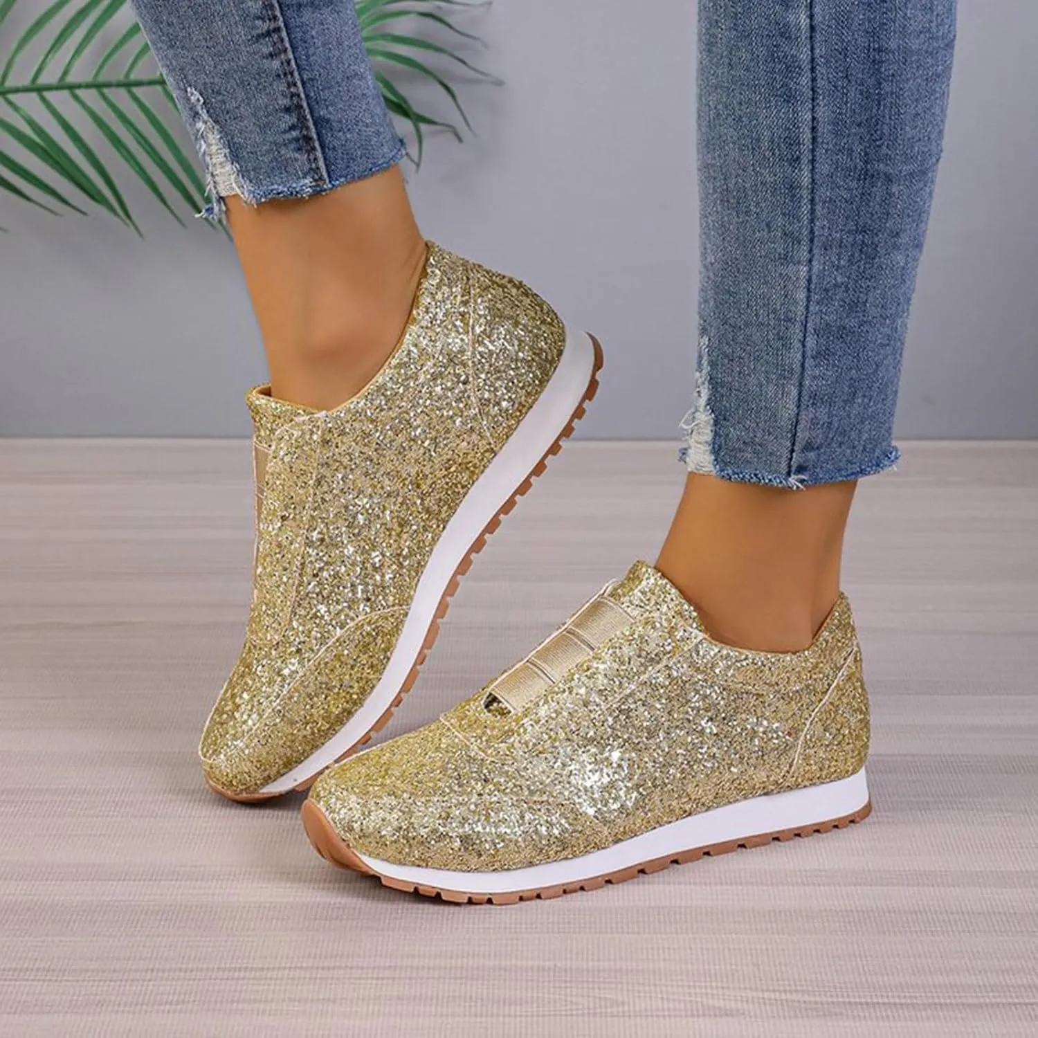 Glitter Tennis Shoes for Women Gold Sequins Tennis Sneakers Rhinestone Sparkly Mesh Breathable Slip On Casual Walking Shoes