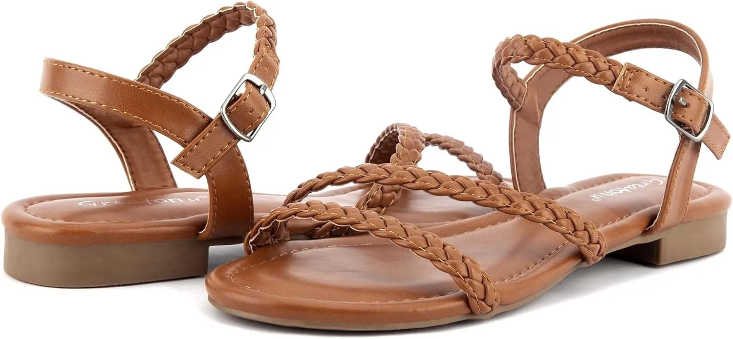 Greatonu Womens Flat Sandals Slip On Summer Gladiator Open Toe Braided Slingback Shoes
