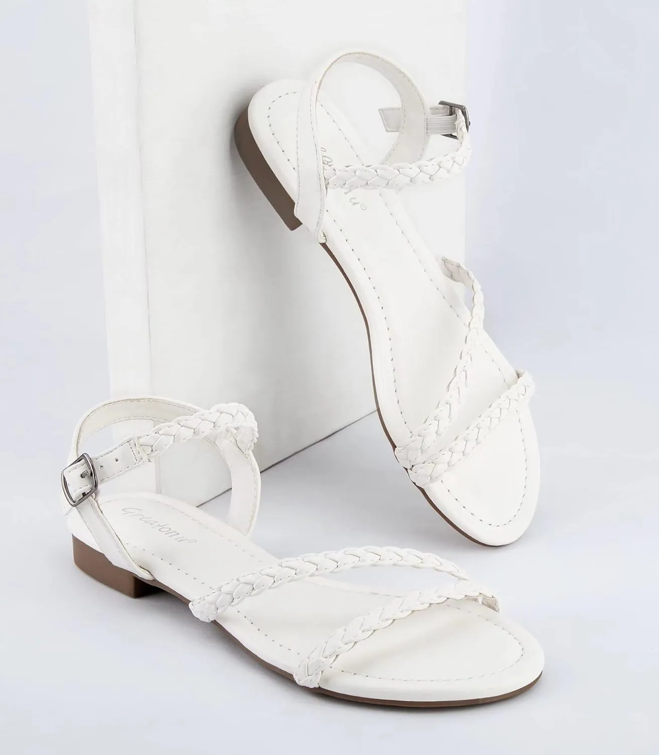 Greatonu Women??s Flat Sandals Slip On Summer Gladiator Open Toe Braided Slingback Shoes
