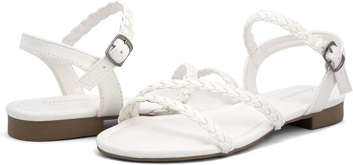 Greatonu Women??s Flat Sandals Slip On Summer Gladiator Open Toe Braided Slingback Shoes