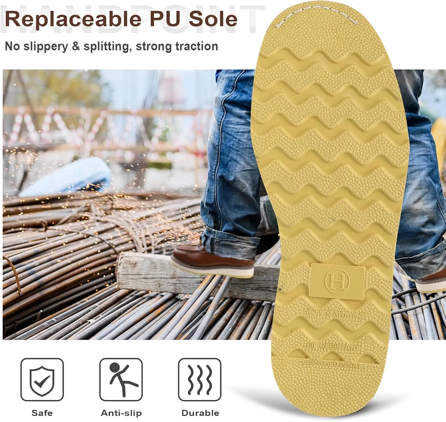 HANDPOINT Work Boots For Men Steel Toe  SURETRACK Men's 6" Leather Slip Resistant Durability Breathable Work Shoes  84992,Brown