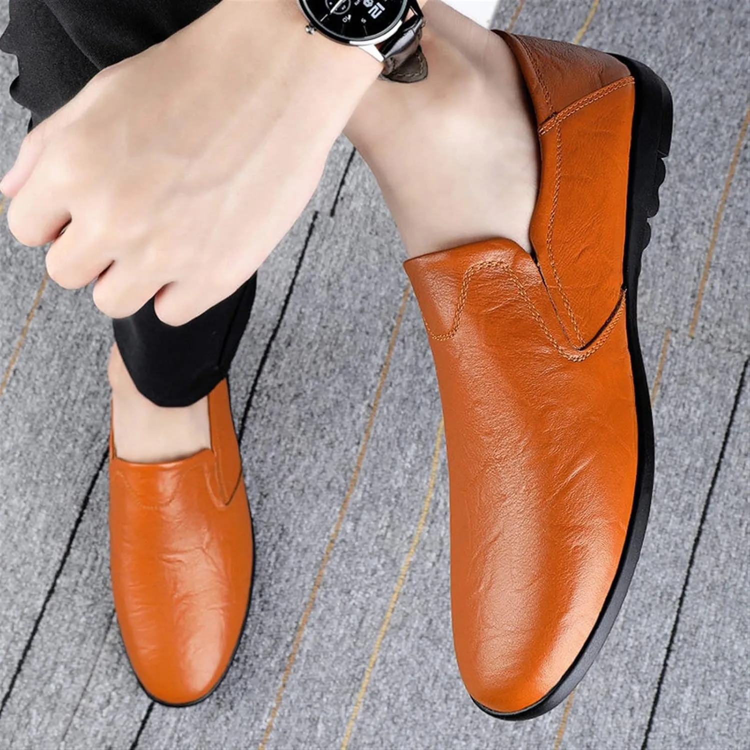 HOOENG Smoking Loafer for Men Genuine Leather Round Toe Breathable Lightweight Resistant Flat Heel Flexible Casual Slip on