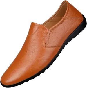 HOOENG Smoking Loafer for Men Genuine Leather Round Toe Breathable Lightweight Resistant Flat Heel Flexible Casual Slip on