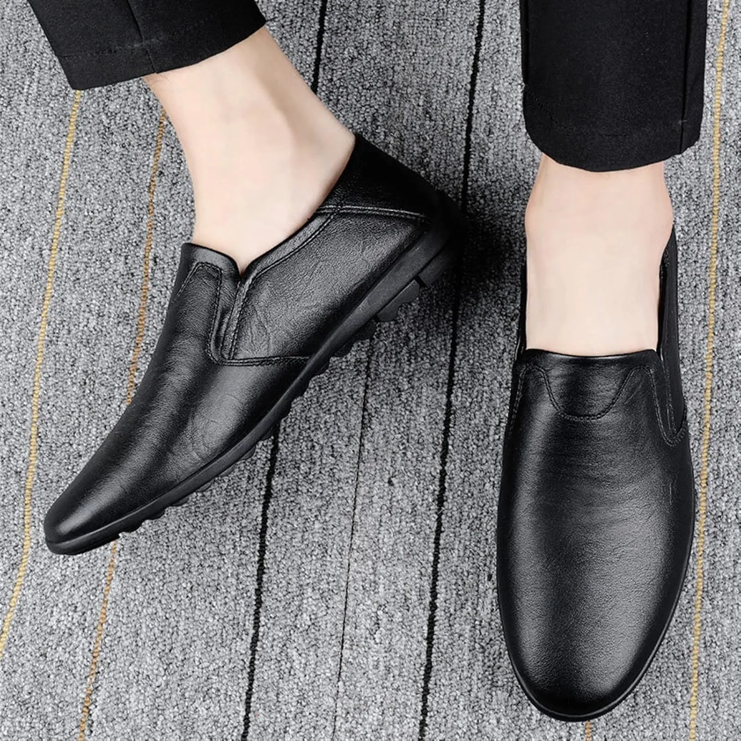 HOOENG Smoking Loafer for Men Genuine Leather Round Toe Breathable Lightweight Resistant Flat Heel Flexible Casual Slip on