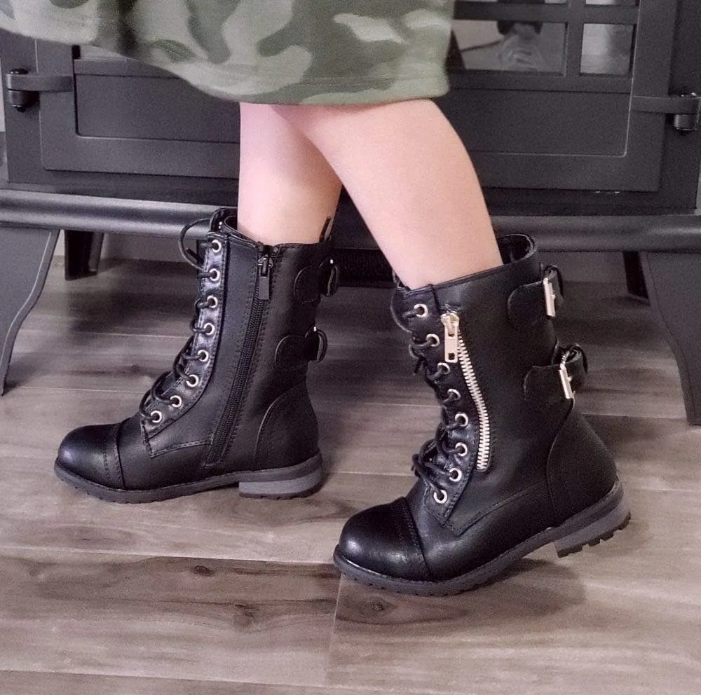 Jazam Little Girls Justina Tall Calf High Combat Zipped Round Toe Riding Dress Boots
