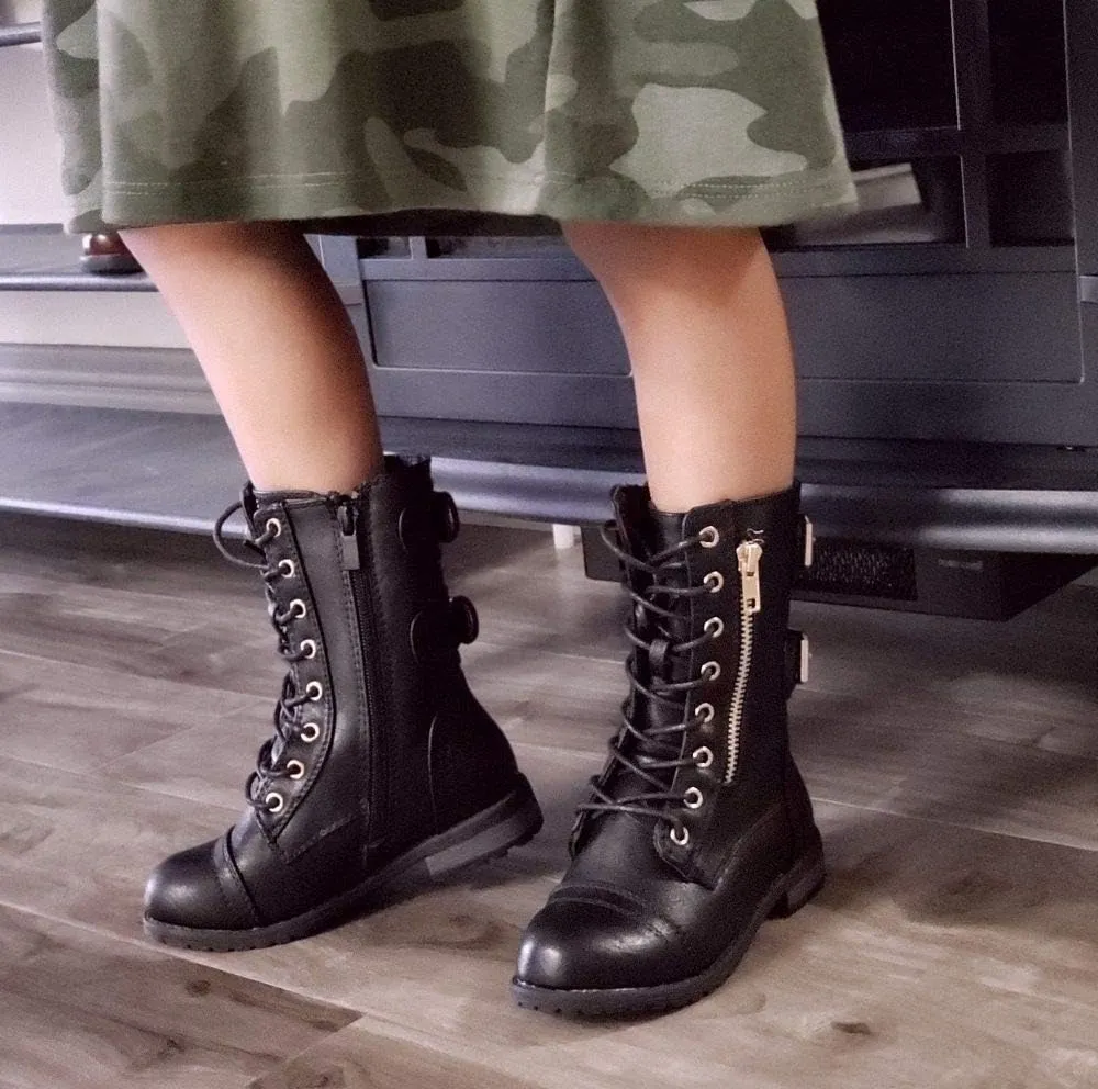 Jazam Little Girls Justina Tall Calf High Combat Zipped Round Toe Riding Dress Boots
