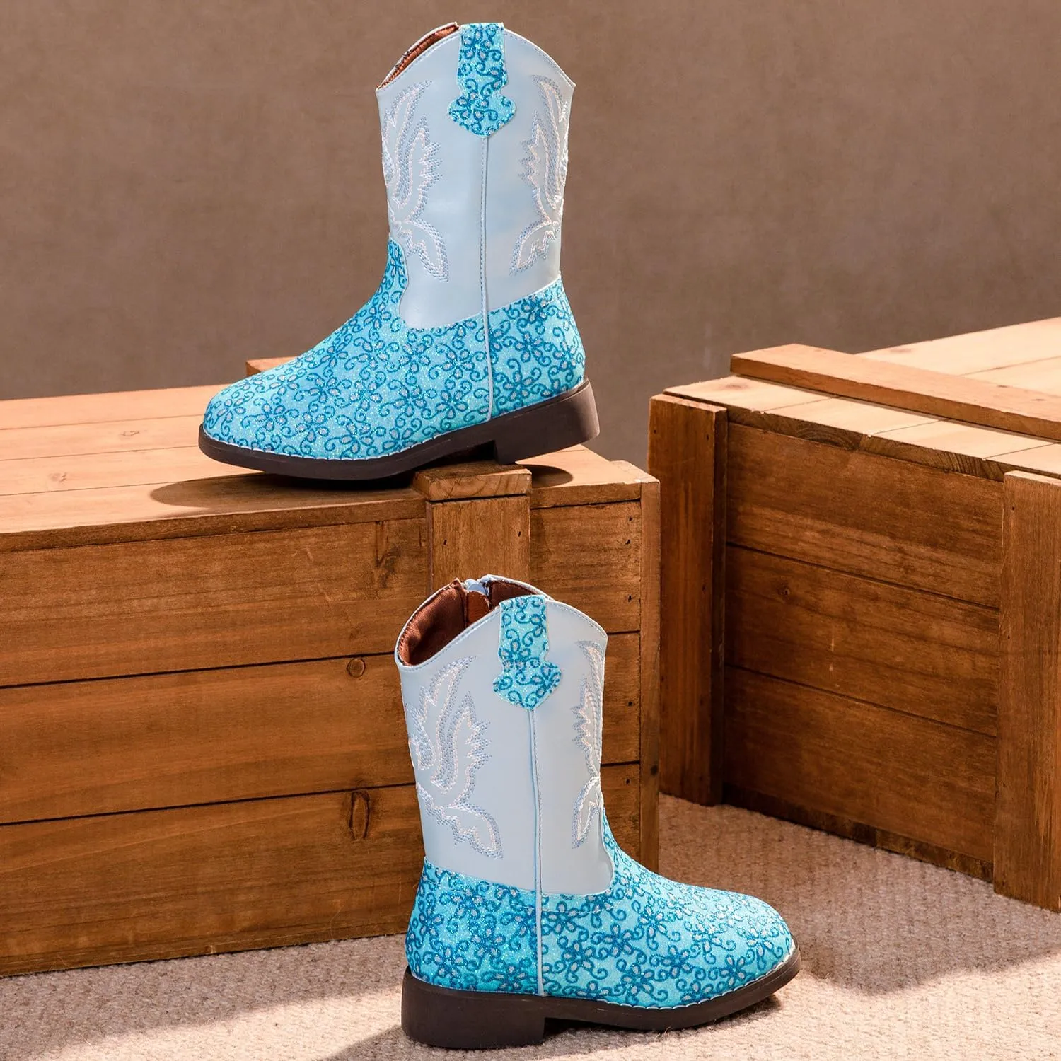 kkdom Girls Cowgirl Boots Mid Calf Square Toe Western Boot for Kids Glitter Cowboy Boot Riding Shoes for Toddler Little Big Girls